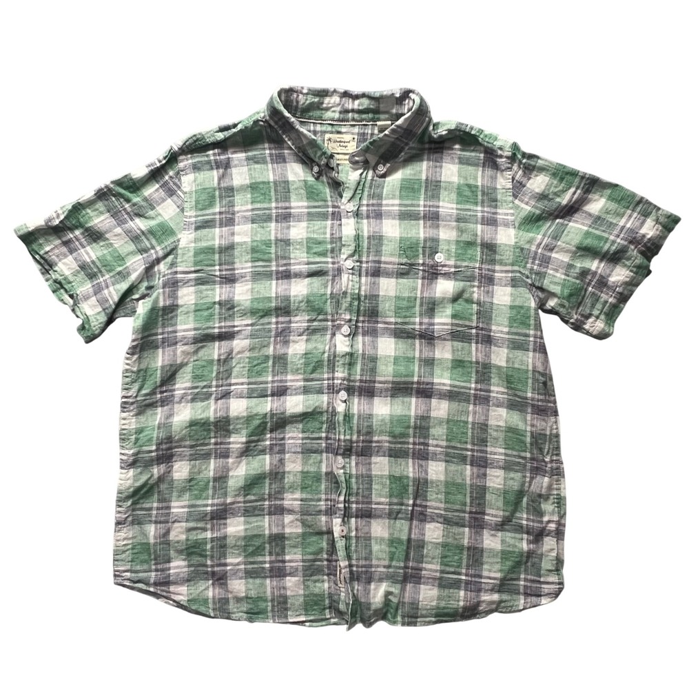 Weatherproof Vintage Washable Plaid Linen‎ Short Sleeve Button Down Shirt XXL